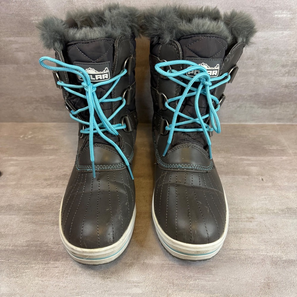 Polar Womens Winter Snow Boots Gray Faux Fur Trim Quilted Duck Boots Blue Laces